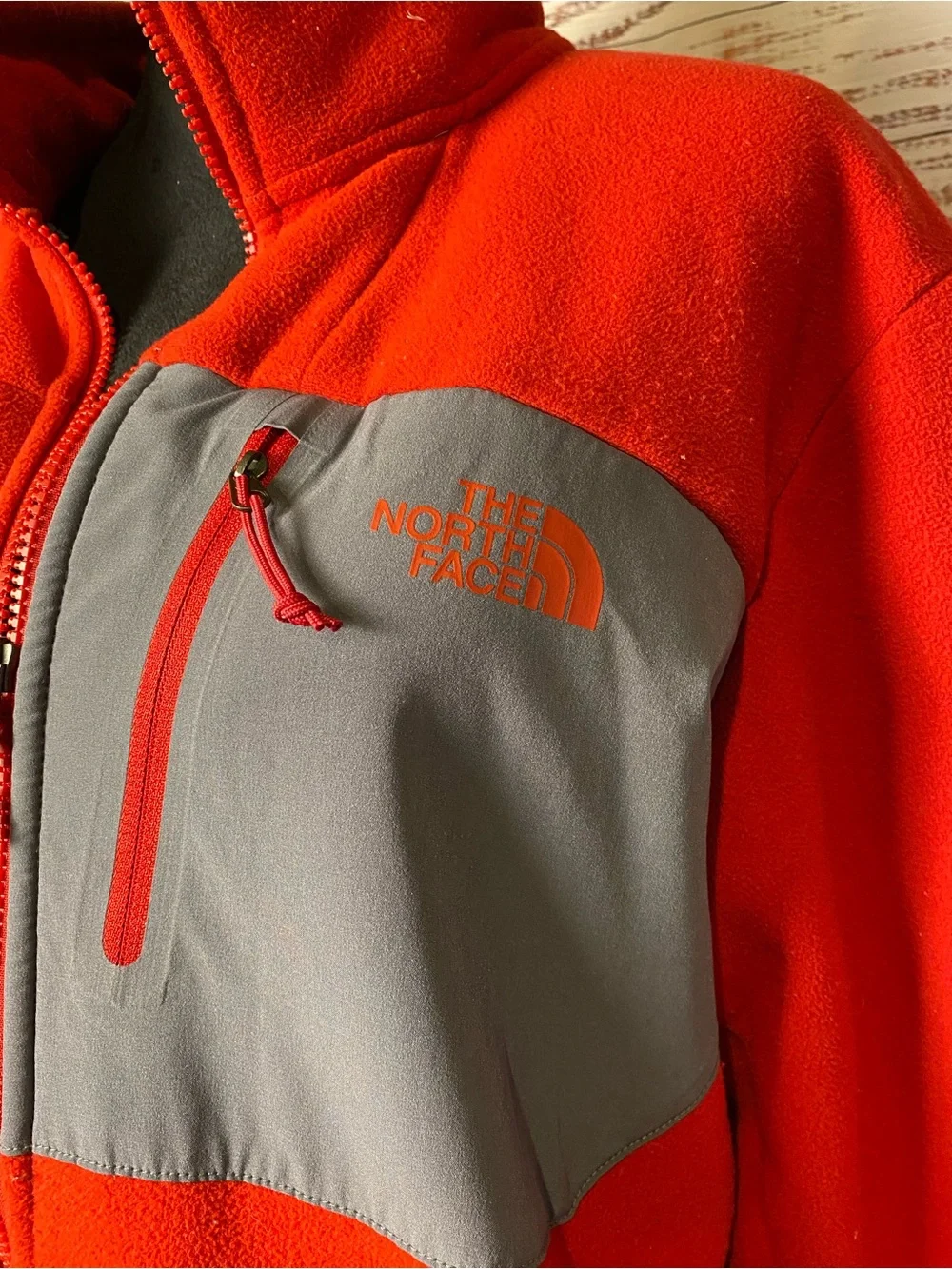 The North Face Red Fleece Jacket with Gray Chest Panel Sz-L